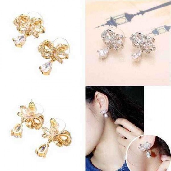 Sweet Bowknot Water Drop Zircon Ear Stud Earrings For Women