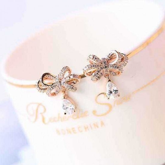 Sweet Bowknot Water Drop Zircon Ear Stud Earrings For Women