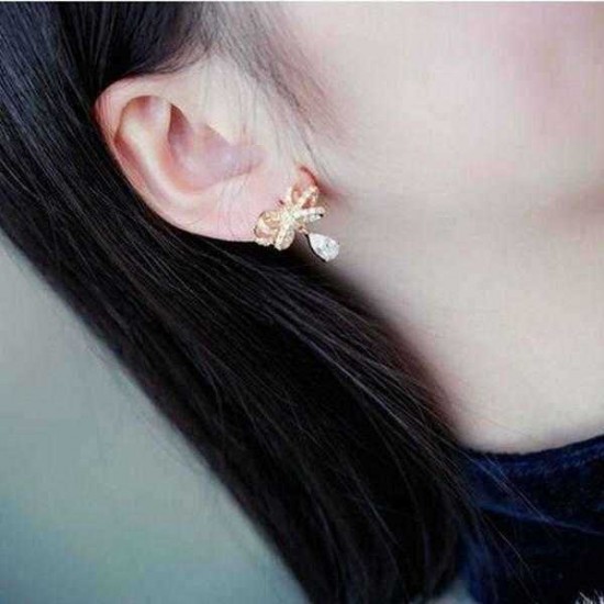 Sweet Bowknot Water Drop Zircon Ear Stud Earrings For Women