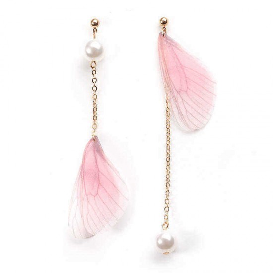 Sweet Chiffon Wings Asymmetric Artificial Pearl Women Earrings