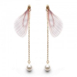 Sweet Chiffon Wings Asymmetric Artificial Pearl Women Earrings