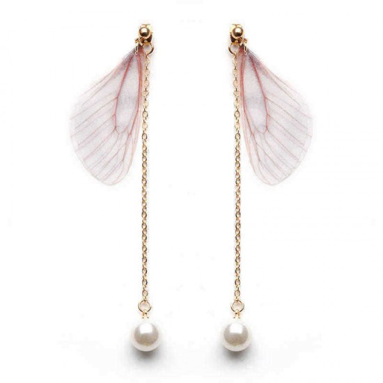 Sweet Chiffon Wings Asymmetric Artificial Pearl Women Earrings