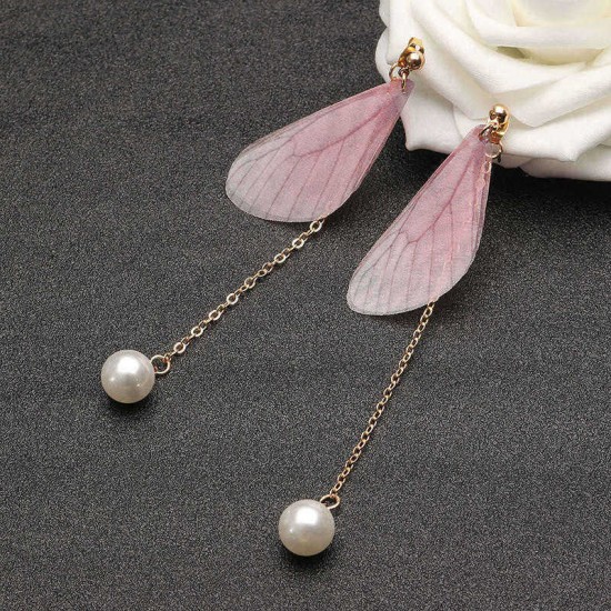 Sweet Chiffon Wings Asymmetric Artificial Pearl Women Earrings