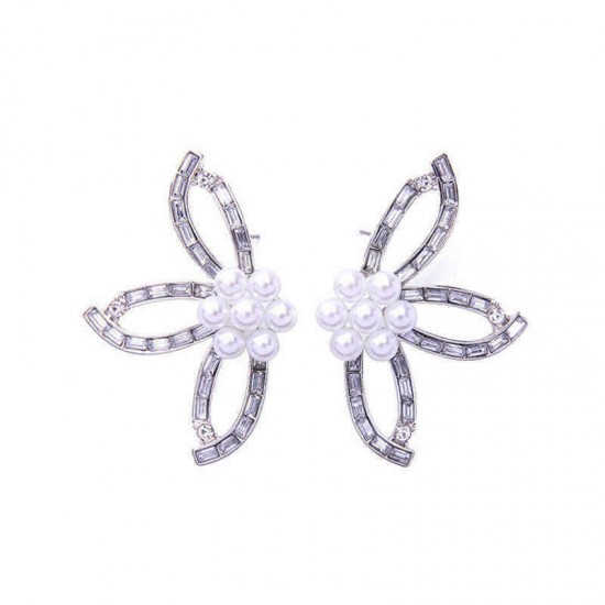 Sweet Crystal Flower Pearl Earring Leaves Big Stud Earring Party Jewelry for Women