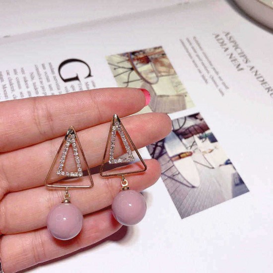 Sweet Ear Drop Earring Double Gold Triangle Pink Artificial Pearls Pendant Earrings for Women