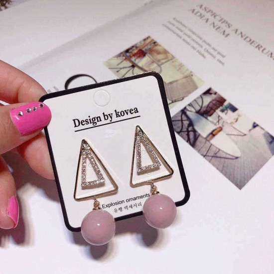 Sweet Ear Drop Earring Double Gold Triangle Pink Artificial Pearls Pendant Earrings for Women