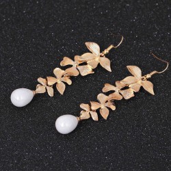 Sweet Ear Drop Earring Gold leaves Oval Beaded Pendant Artificial Peal Earrings Jewelry for Women