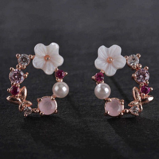 Sweet Elegant Flower Earring Rhinestone Pearl Ear Stub Round Shape Earrings