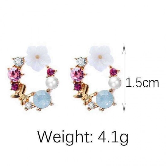 Sweet Elegant Flower Earring Rhinestone Pearl Ear Stub Round Shape Earrings