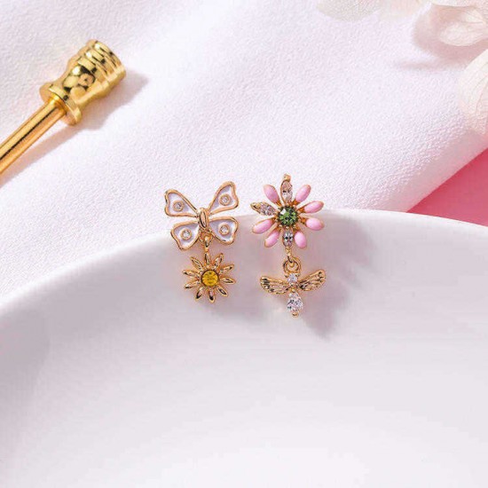 Sweet Flower Butterfly Stud Earrings Anallergic Sterling Silver Needle Rhinestone Womens Earrings