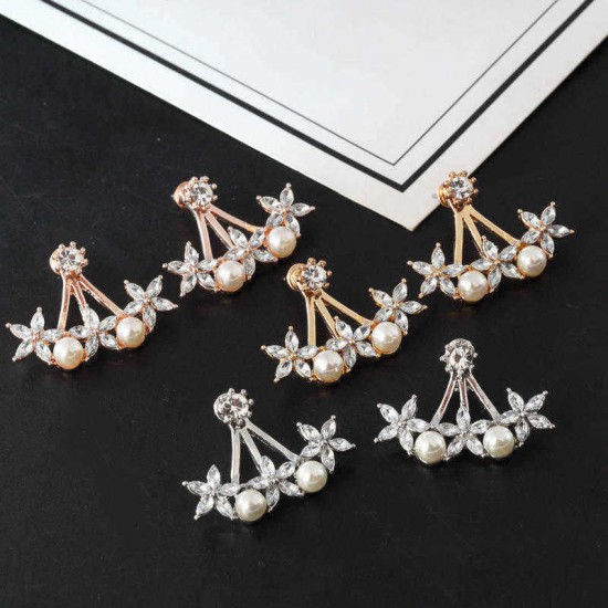 Sweet Flowers Rhinestones Pearls Ear Stud Earring Ear Jacket Cute Earrings for Women