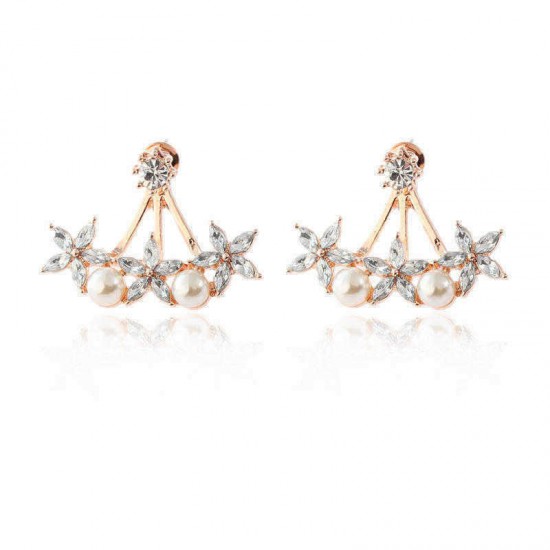 Sweet Flowers Rhinestones Pearls Ear Stud Earring Ear Jacket Cute Earrings for Women