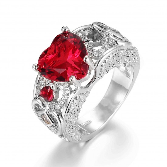 Sweet Heart Shape Hollow Ruby Finger Ring Women Wedding Ring Gift