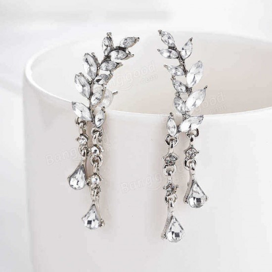 Sweet Leaf Rhinestone Earrings Silver Gold  Piercing Tassel Crytral Earring for Women