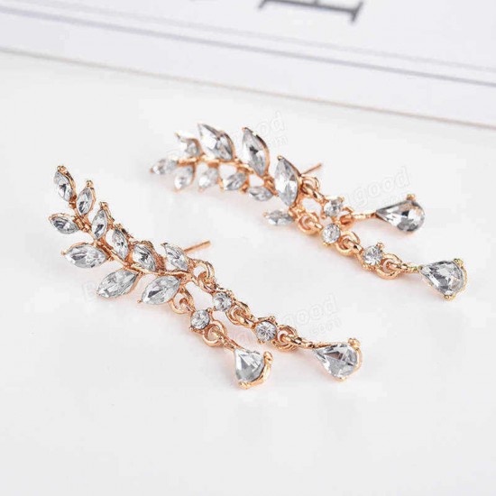 Sweet Leaf Rhinestone Earrings Silver Gold  Piercing Tassel Crytral Earring for Women