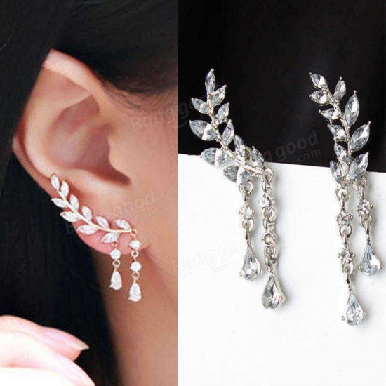 Sweet Leaf Rhinestone Earrings Silver Gold  Piercing Tassel Crytral Earring for Women