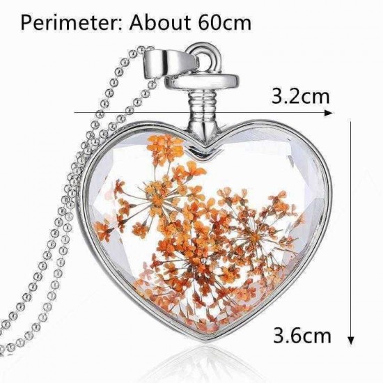 Sweet Natural Dried Flower Inside Necklace Crystal Heart Pendant for Women Best Gift