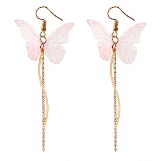 Sweet Pink Butterfly Arc Line Tassel Pendant Ear Clip Drop Earrings Fashion Jewelry for Women