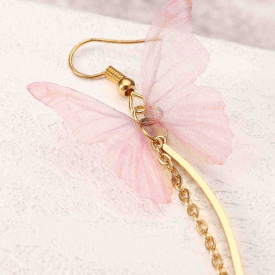 Sweet Pink Butterfly Arc Line Tassel Pendant Ear Clip Drop Earrings Fashion Jewelry for Women