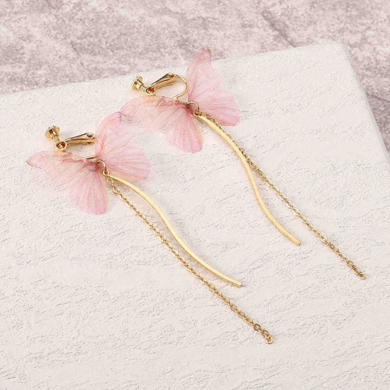 Sweet Pink Butterfly Arc Line Tassel Pendant Ear Clip Drop Earrings Fashion Jewelry for Women