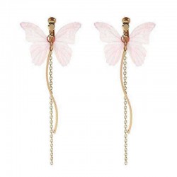 Sweet Pink Butterfly Arc Line Tassel Pendant Ear Clip Drop Earrings Fashion Jewelry for Women