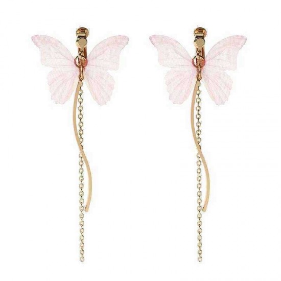 Sweet Pink Butterfly Arc Line Tassel Pendant Ear Clip Drop Earrings Fashion Jewelry for Women