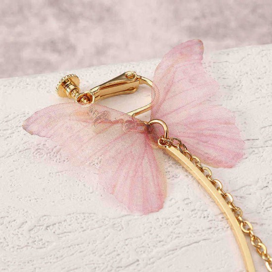 Sweet Pink Butterfly Arc Line Tassel Pendant Ear Clip Drop Earrings Fashion Jewelry for Women