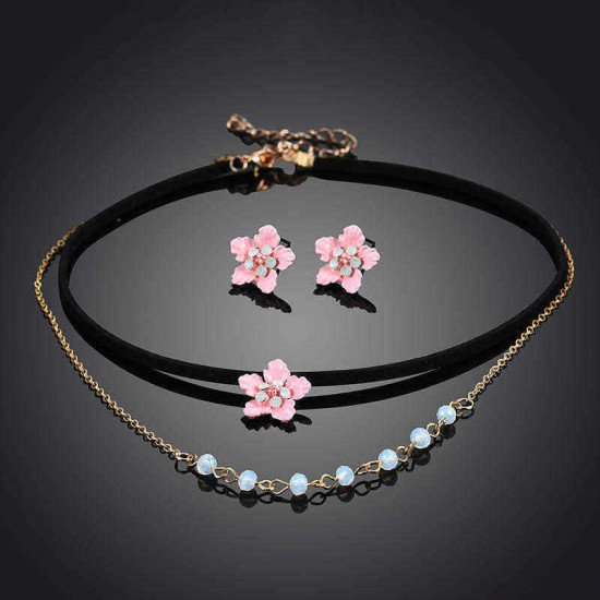 Sweet Pink Flower Charm Earrings Double Layer Gold Chain Black Choker Necklace Women Jewelry Set