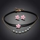 Sweet Pink Flower Charm Earrings Double Layer Gold Chain Black Choker Necklace Women Jewelry Set