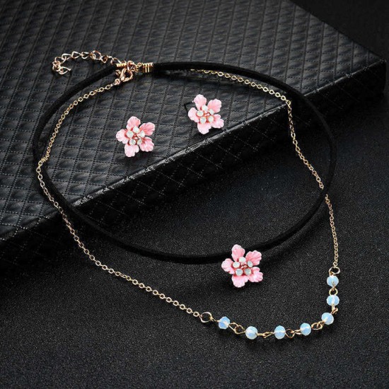 Sweet Pink Flower Charm Earrings Double Layer Gold Chain Black Choker Necklace Women Jewelry Set