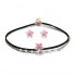 Sweet Pink Flower Charm Earrings Double Layer Gold Chain Black Choker Necklace Women Jewelry Set