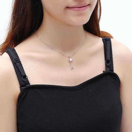 Sweet Rose Gold Plated Artificial Pearl Inlay Heart Key Pendant Shiny Zircon Necklace For Women