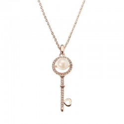 Sweet Rose Gold Plated Artificial Pearl Inlay Heart Key Pendant Shiny Zircon Necklace For Women