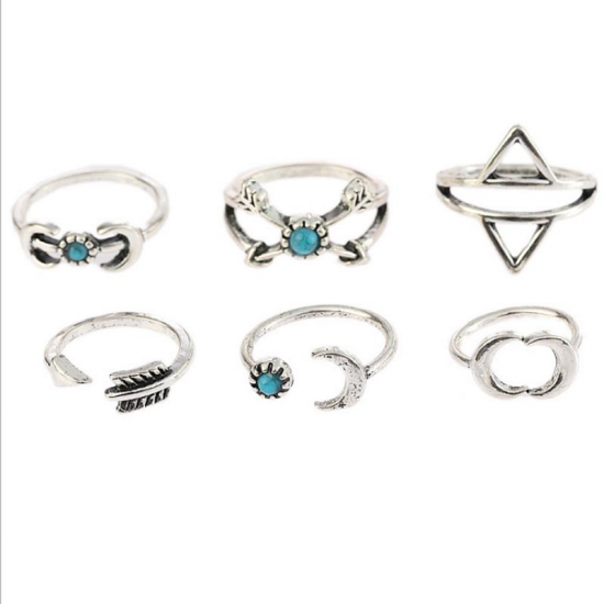 Sweet Set of Finger Ring Sun Moon Triangle Geometric Bule Turquoise Elegant Jewelry for Women