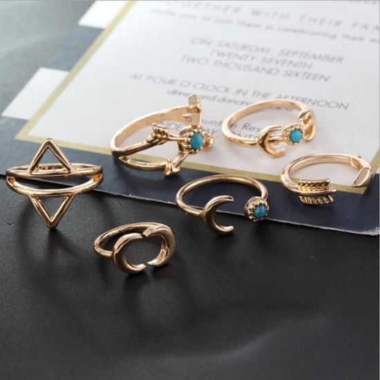 Sweet Set of Finger Ring Sun Moon Triangle Geometric Bule Turquoise Elegant Jewelry for Women