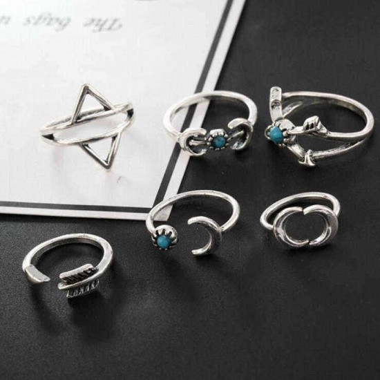 Sweet Set of Finger Ring Sun Moon Triangle Geometric Bule Turquoise Elegant Jewelry for Women