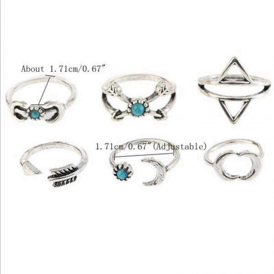 Sweet Set of Finger Ring Sun Moon Triangle Geometric Bule Turquoise Elegant Jewelry for Women