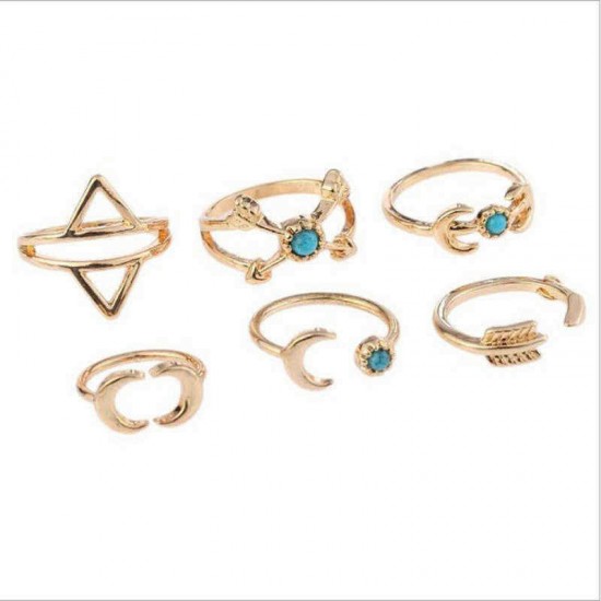 Sweet Set of Finger Ring Sun Moon Triangle Geometric Bule Turquoise Elegant Jewelry for Women