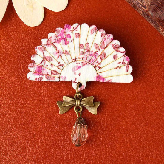 Sweet Wood Flower Painted Glass Bead Fan Gift Brooch