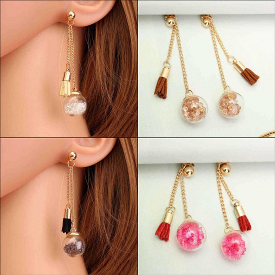 Tassel Wishing Glass Ball Crystal Leather Long Earrings Gift