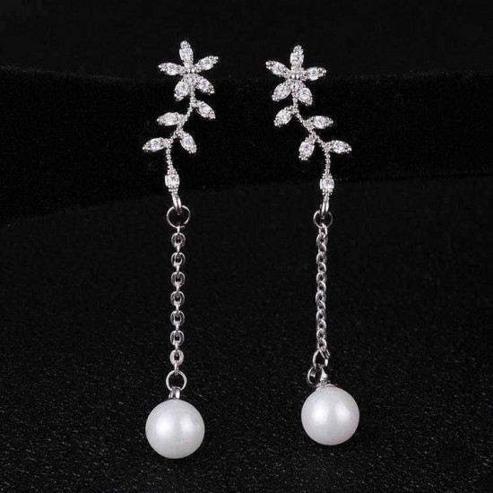 Temperament Flowers Pearl Earrings Long Zircon 925 Silver Hypoallergenic Ear Drop jewelry