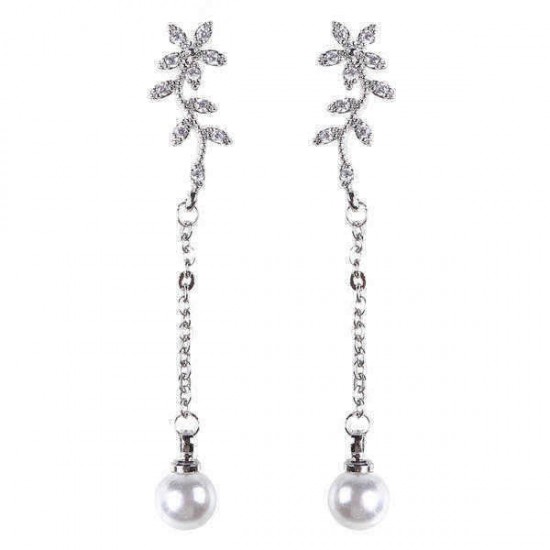 Temperament Flowers Pearl Earrings Long Zircon 925 Silver Hypoallergenic Ear Drop jewelry