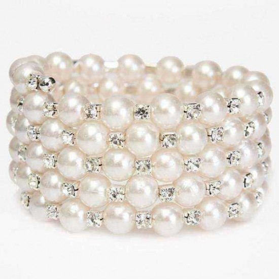 Temperament Full Rhinestone Pearl Multilayer Winding Wide Bracelet