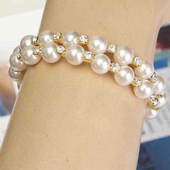 Temperament Full Rhinestone Pearl Multilayer Winding Wide Bracelet