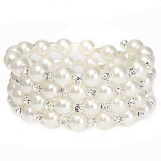 Temperament Full Rhinestone Pearl Multilayer Winding Wide Bracelet