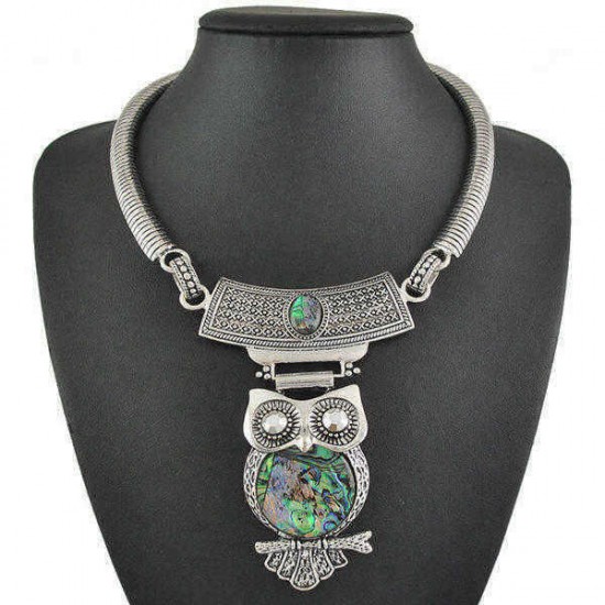 Tibetan Turquoise Owl Pendant Statement Choker Necklace For Women