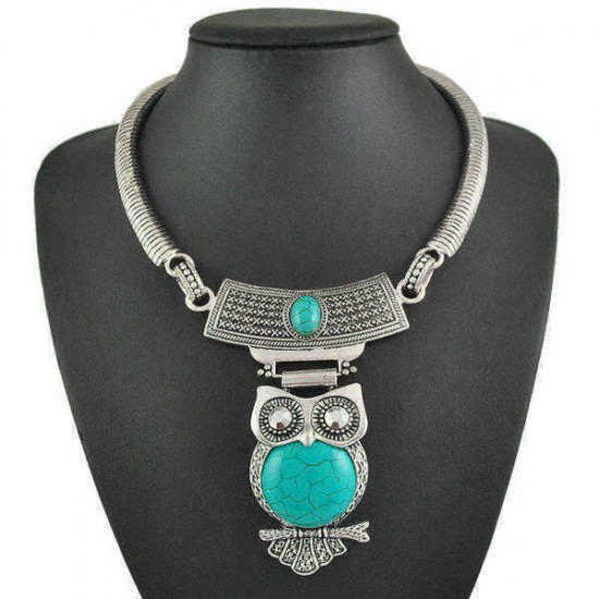 Tibetan Turquoise Owl Pendant Statement Choker Necklace For Women