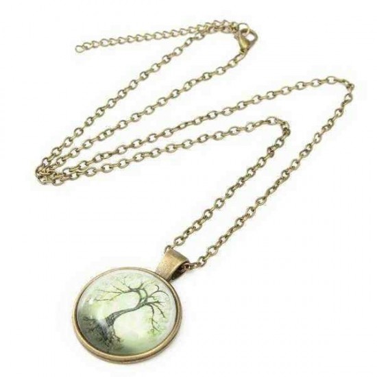 Tree Glass Cabochon Necklace Bronze Chain Pendant Necklace