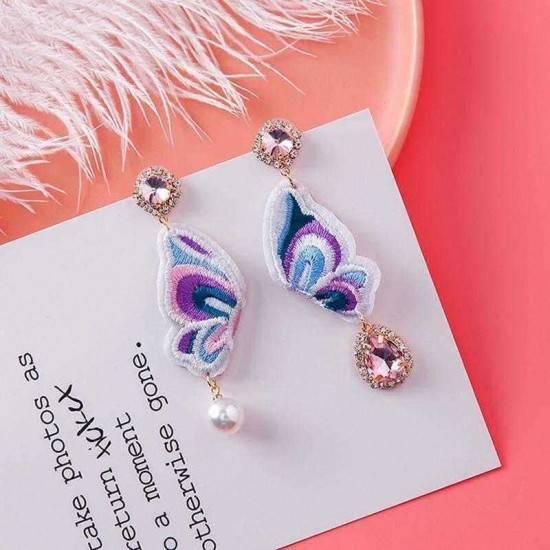 Trendy 925 Sterling Silver Earring Diamond Butterfly Embroidery Cloth Pearl Women Earrings