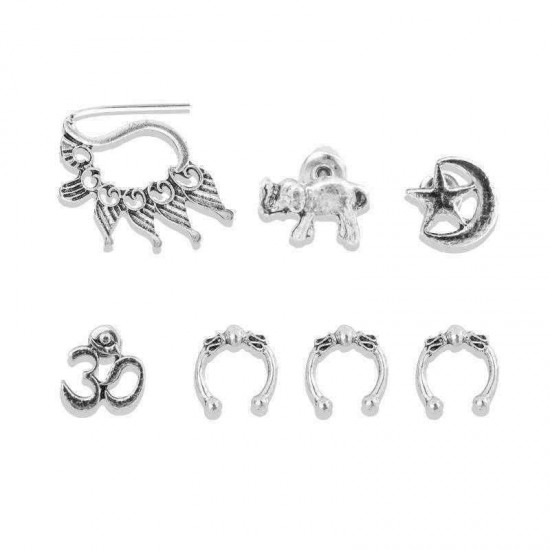 Trendy Antique Silver Earring Set Punk Elephant Star Moon Ear Clip Gift for Women Girl